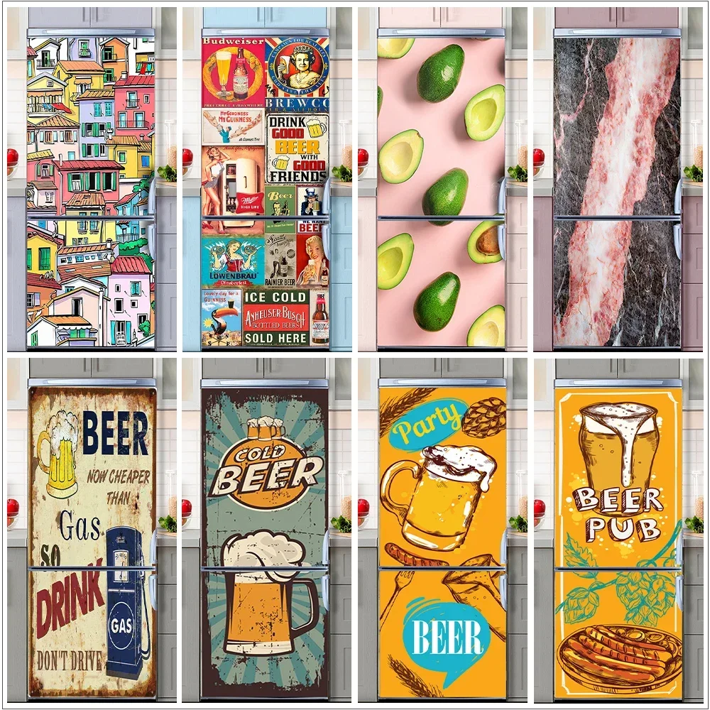 Retro Graffiti Fridge Door Mural Sticker Waterproof PVC Village Vintage Poster Telephone Design Refrigerator Door Art Stickers