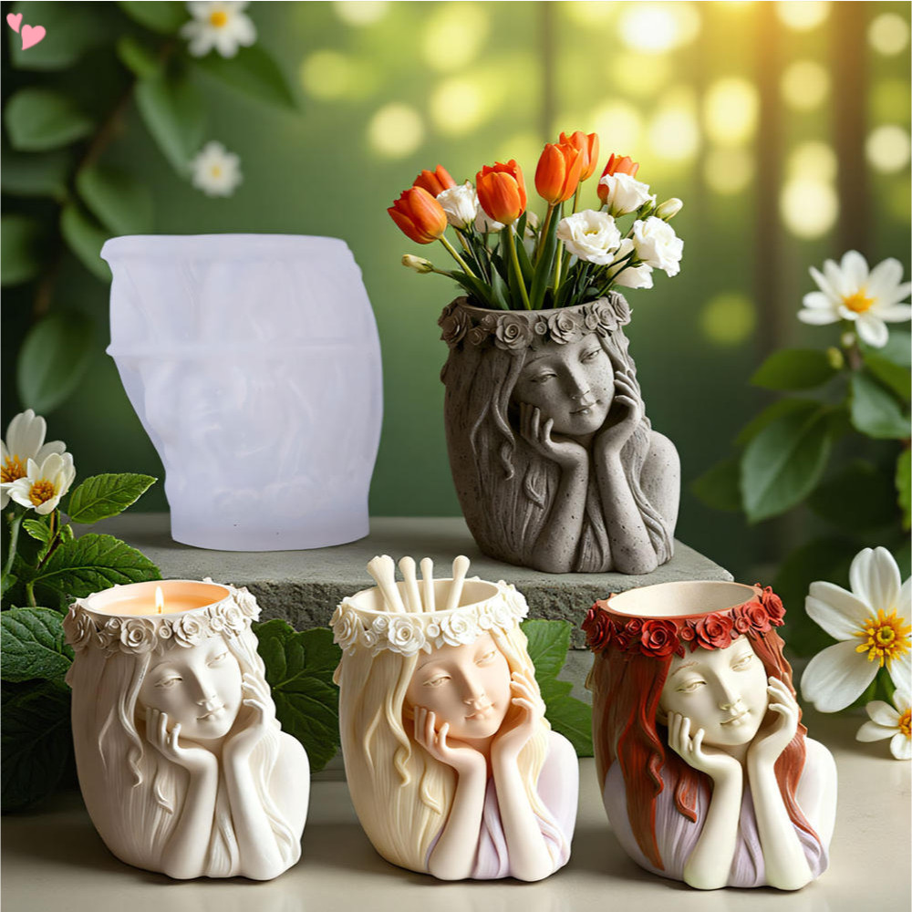 Linda Menina Vaso De Flores Silicone Gesso Suculento Plantador Cactus Molde Concreto Vela Caneta Titular Resina Cola Epo