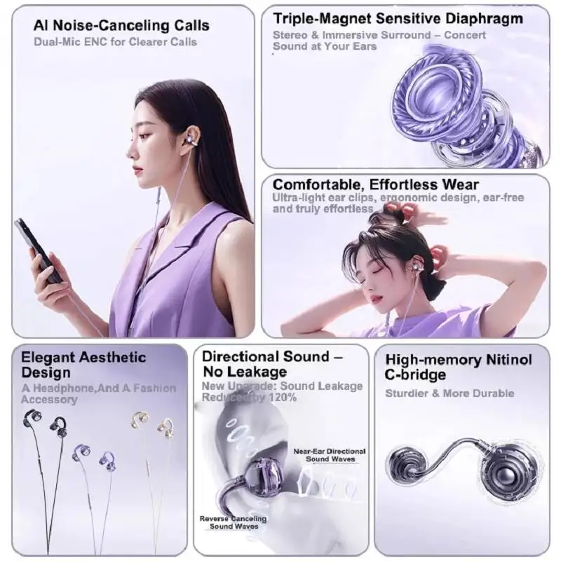 Fashion Type C&3.5mm Wired Ear-Clip Earphones HIFI Sound Sports Earbuds Handfree Gaming Headsets With HD Mic For Xiaomi Samsung