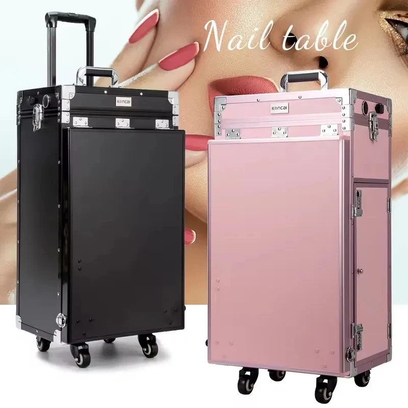 NEW Foldable Rolling Manicure Table Makeup Train Case with 4 Drawers Travel Nail Table Organizer with Mirror And Speaker