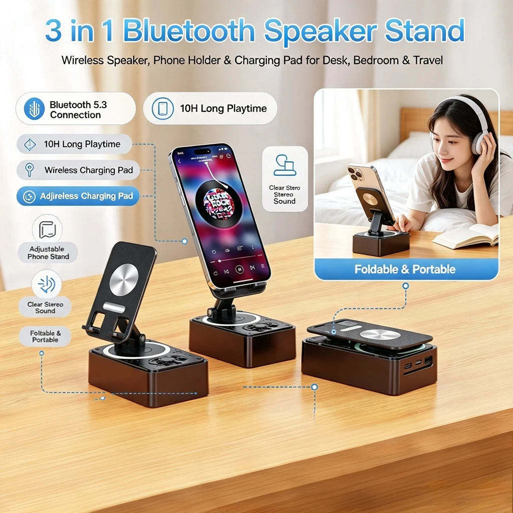 DIXSG 3-in-1 Bluetooth Speaker Phone Power Bank Foldable Wireless Speaker Phone Stand with Anti-Slip Pads For Video Meeting Live