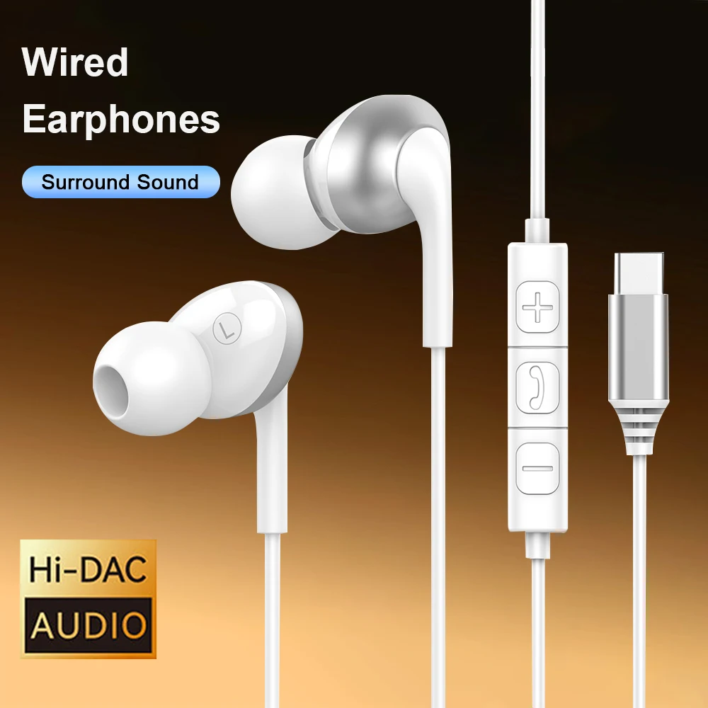 USB Type C Wired Earphones HiFi Bass Stereo Volume Control Headset With HD Mic Headphones For iPhone 17 16 15 Pro Samsung Galaxy