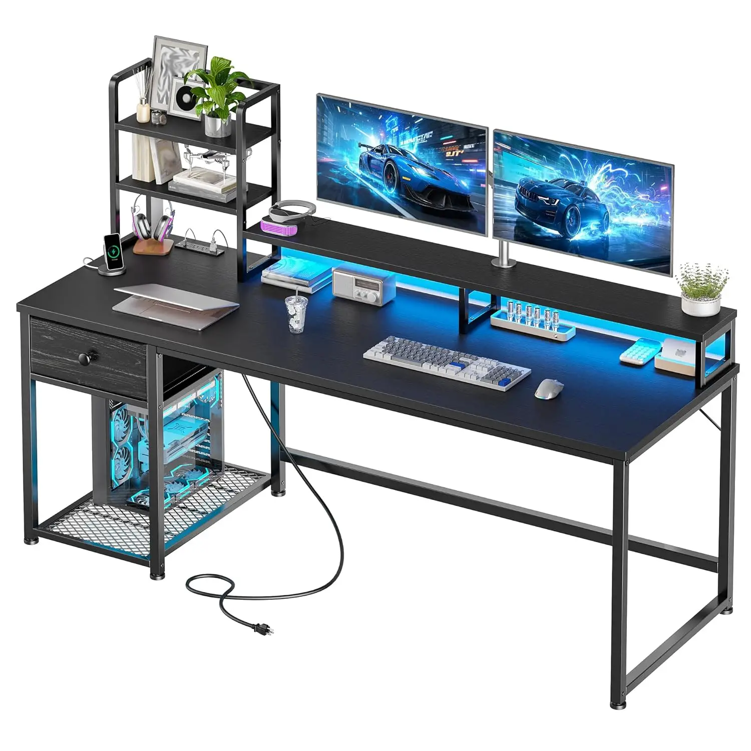 #55in Gaming Desk with Hutch & Drawers Reversible Monitor Shelf USB Power Outlets Storage LED Lights Home Office, Customized