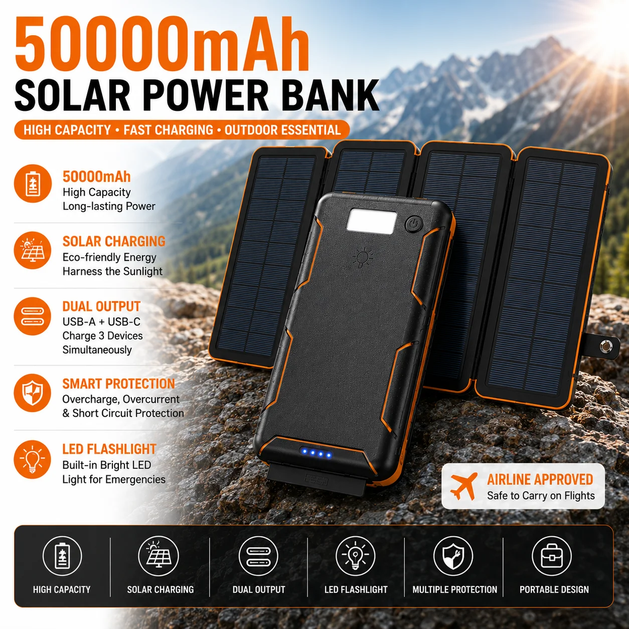 50000mAh Solar Power Bank USB C Portable Charger with Foldable Solar Panel LED Flashlight for Camping Hiking Travel Emergency