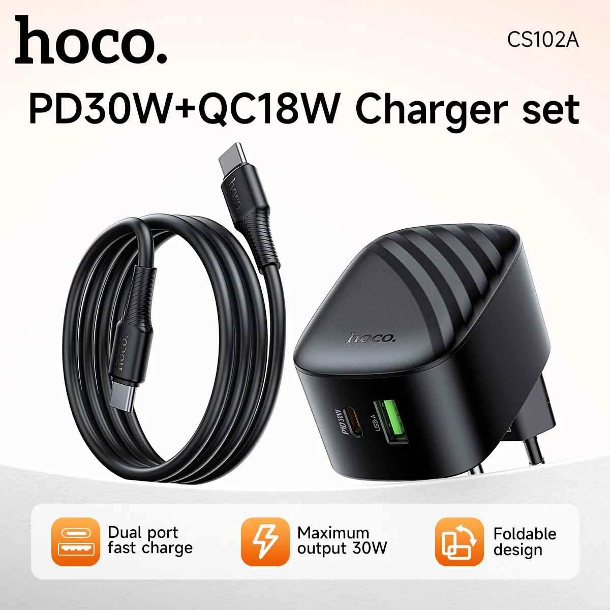 HOCO EU PD30W Foldable Plug Fast Charging Phone Charger For iPhone 17 16 Pro Max USB C QC3.0 Quick Charging Adapter For Samsung