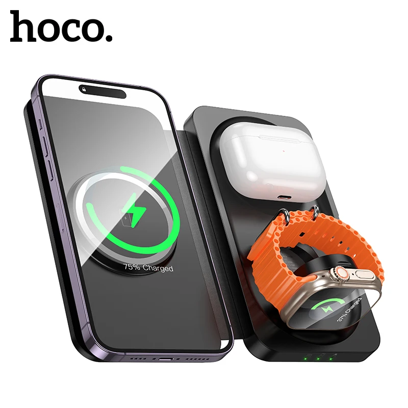 HOCO 3 in 1 15W Foldable Wireless Charging Pad For iPhone 16/15/14 Pro Max Portable Travel Charging Station For iWatch 1-9 SE2