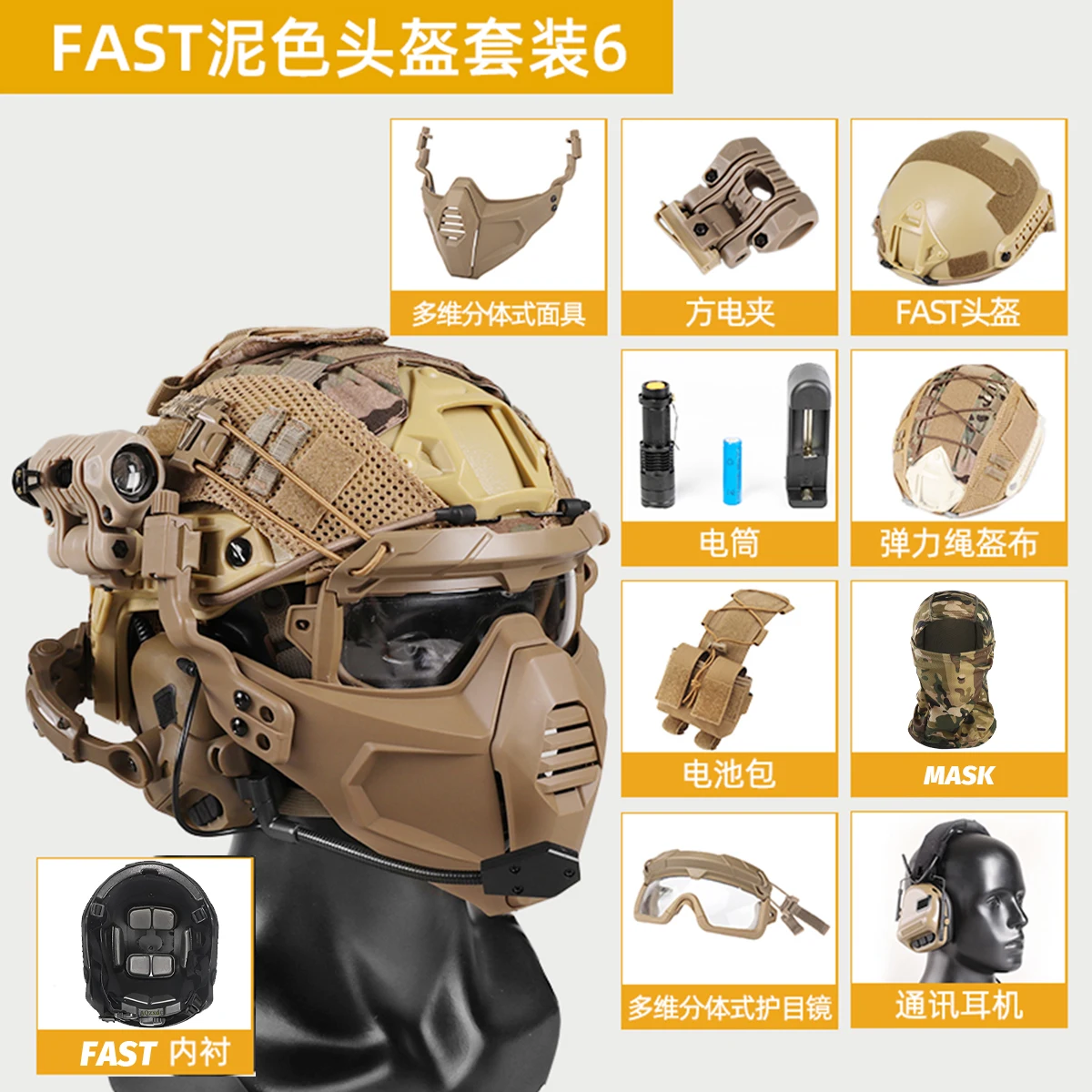 Fast Tactical Helmet Set with Night Vision Model Sound Pickup Noise Reduction Headset Flashlight Goggles for Airsoft Shooting