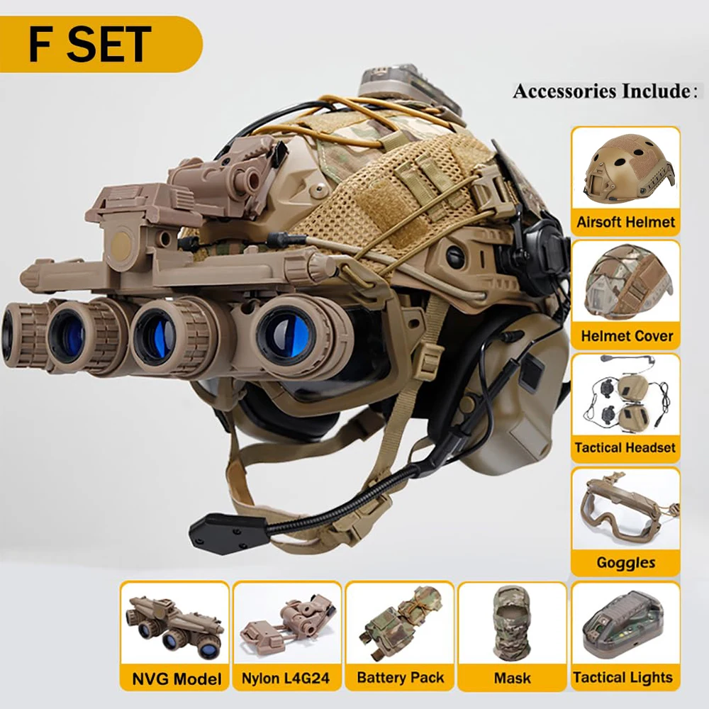 Tactical Fast Helmet Set Adjustable Airsoft Helmet with Headset Goggles Battery Pouch NVG Model L4G24 for CS Hunting Paintball