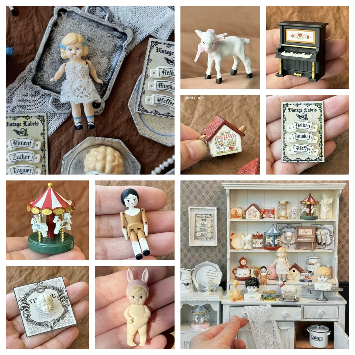 Miniature Vintage Doll Set, Hand Painted Antique Peg Doll Ceramic Head Figurine, Fast Shipping Dollhouse Decor Collectible Gift