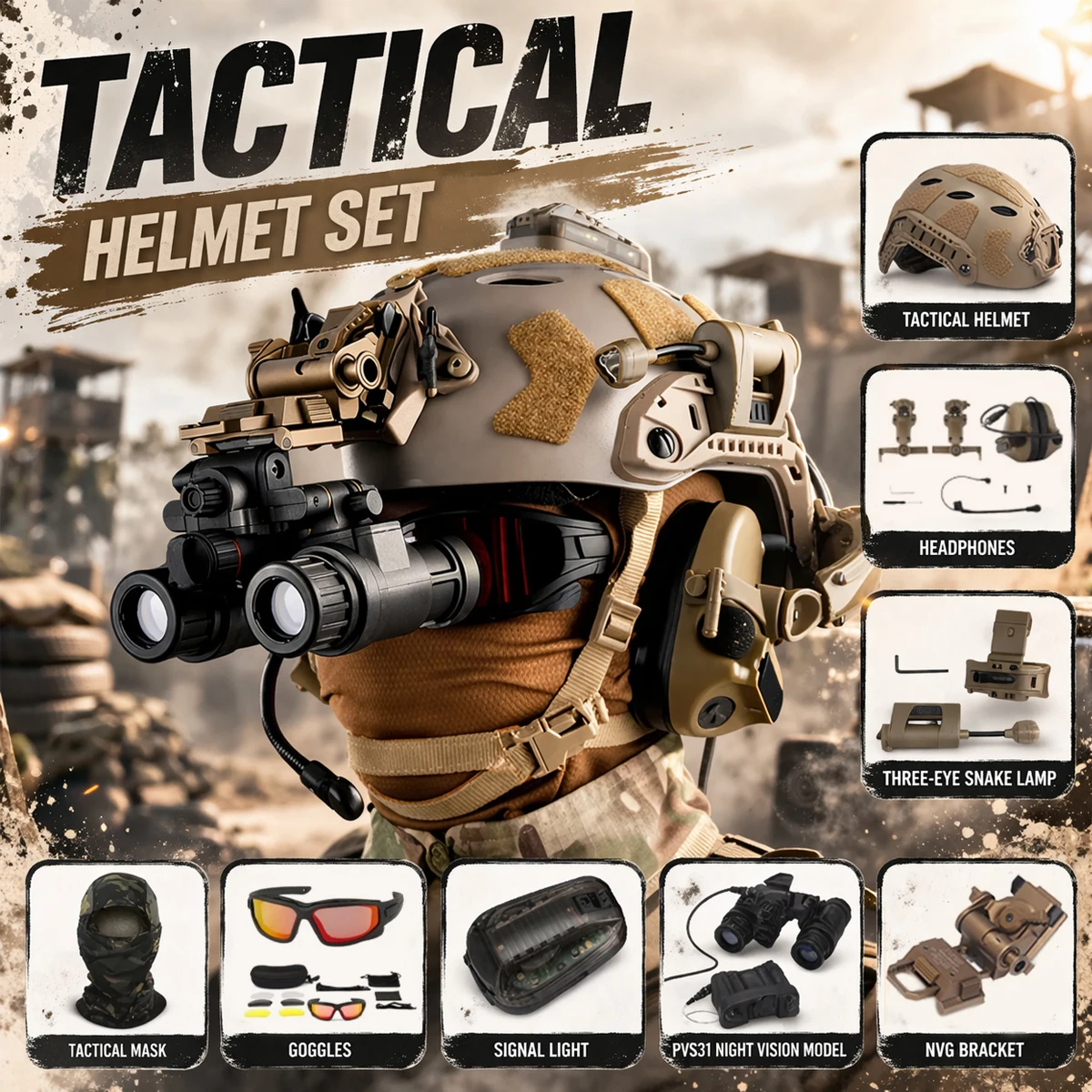 Fast Airsoft Helmet Set with Night Vision Model Communication Headset Tactical Goggles for CS War Game Role Playing Movie Props