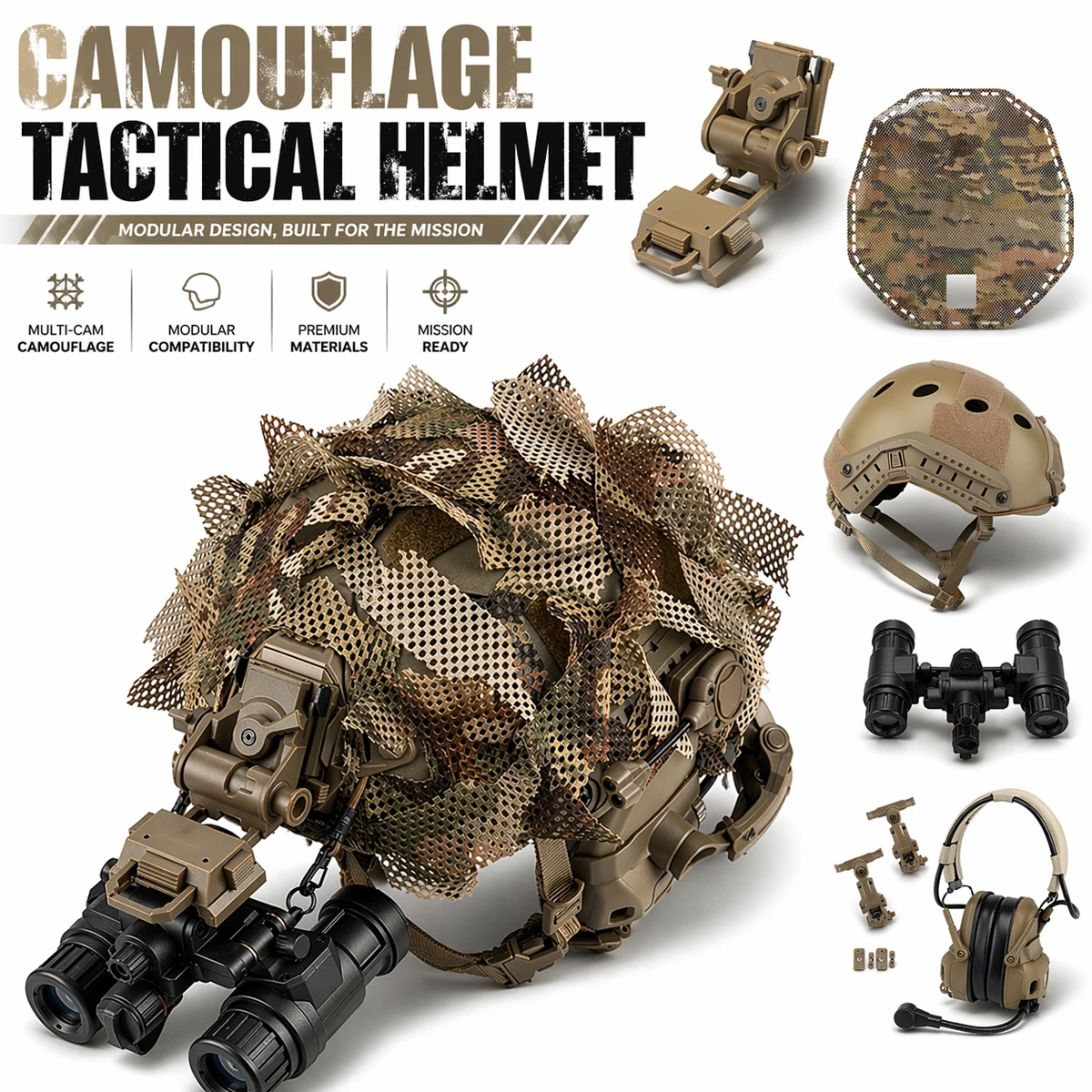 Tactical Helmet Set Camouflage Fast Helmet with Communication Headset Dummy Night Vision Goggle Model Airsoft Paintball Gear