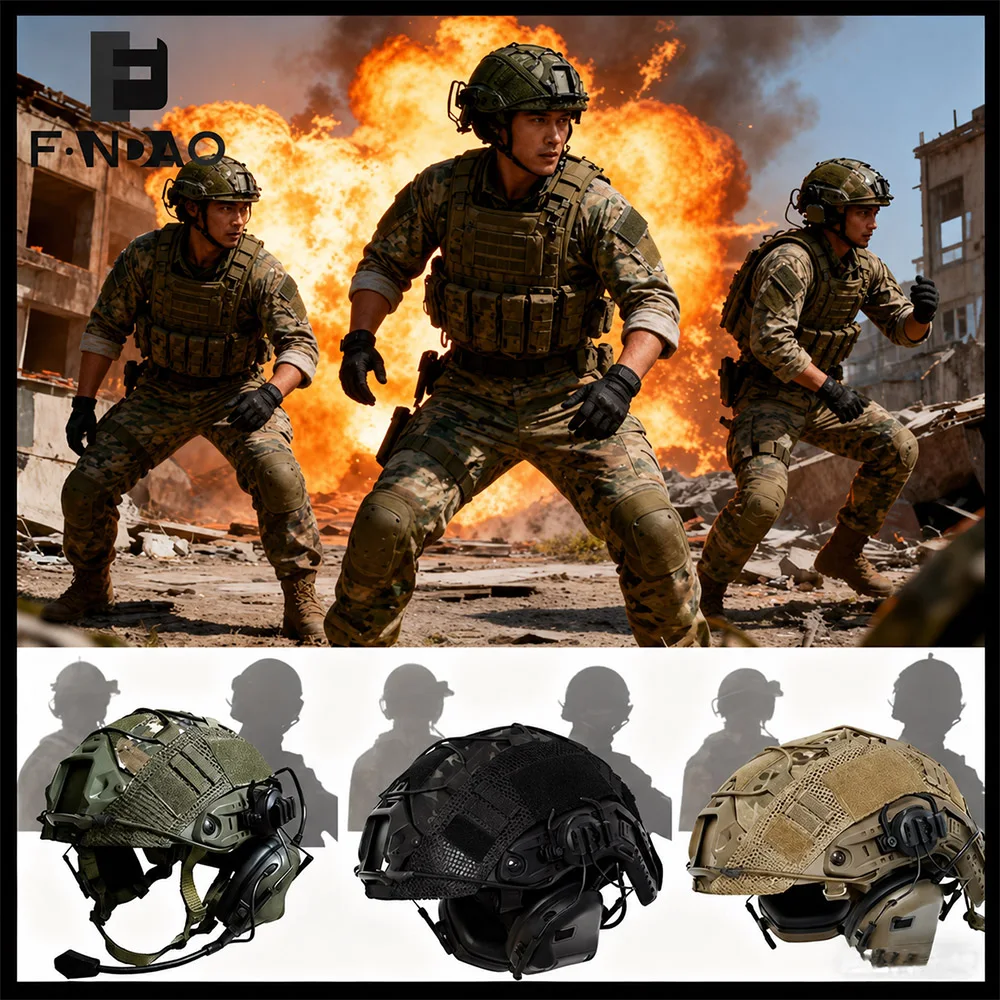 Airsoft FAST Helmet Set with Tactical Communication Headset Camo Helmet Cover Hunting Paintball CS Game Protection Accessories