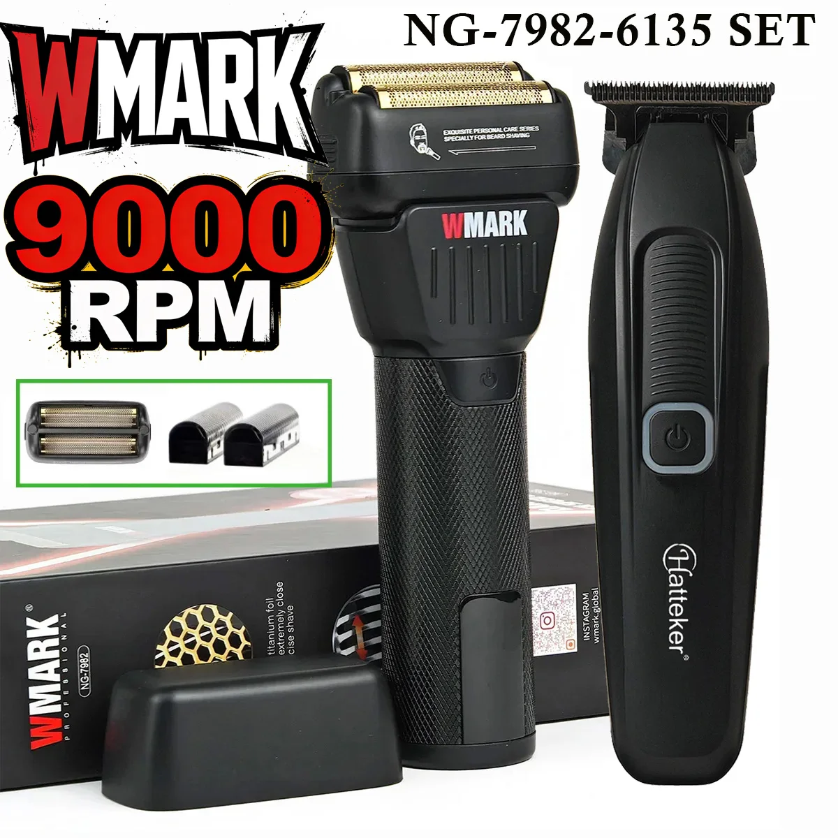 WMARK NG-7982-6135 Barber 2pc Set High Speed Shaver Electric Razor Professional Beard Hair Trimmer Salon Use