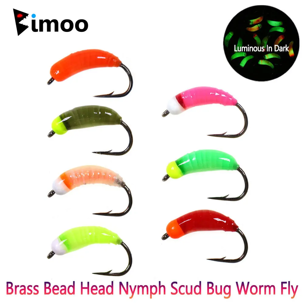 Bimoo #8 6/7pcs Luminous Brass Bead Head Nymph Scud Bug Worm Fly Caddis Larvae Insect Baits Fast Sinking Trout Ice Fishing Lures