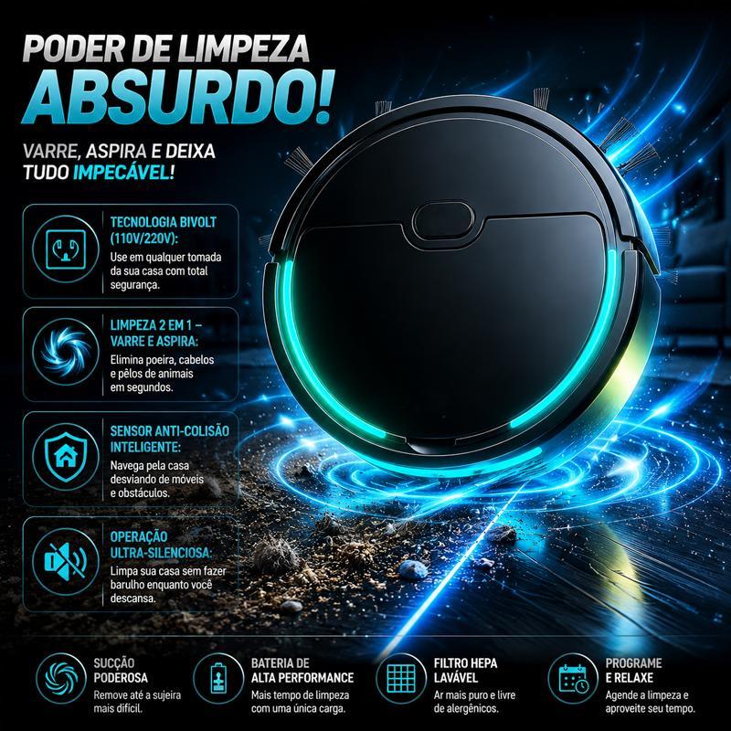 Kit Robô Aspirador de Pó Inteligente 2 em 1 Bivolt Alta Sucção com Acessórios Limpa Pêlo Pet