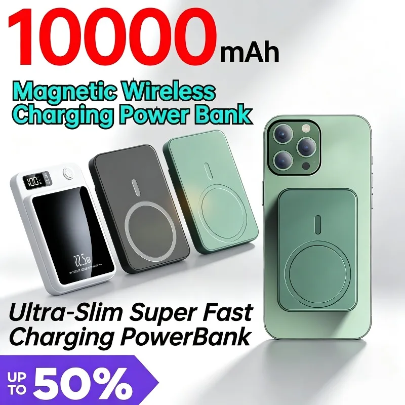 10000mAh Magnetic Wireless Charging Power Bank for IPhone Android Phones Ultra‑Slim Super Fast Charging PowerBank