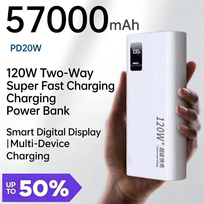57000mAh PD20W Two‑way Fast Charging Power Bank for IPhone Android Phones Ultra‑thin Smart Digital‑display PowerBank