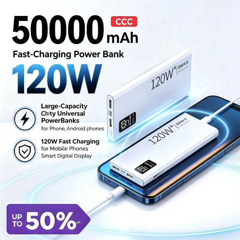 50000mAh 120W CCC Fast‑Charging Power Bank for iPhone Android phones Large‑Capacity Universal PowerBanks for Mobile Phones