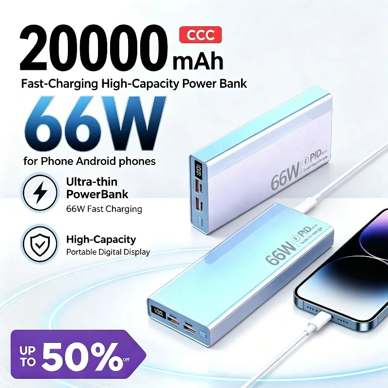 20000mAh 66W Fast‑Charging High‑Capacity Power Bank for iPhone Android phones Ultra‑thin PowerBank