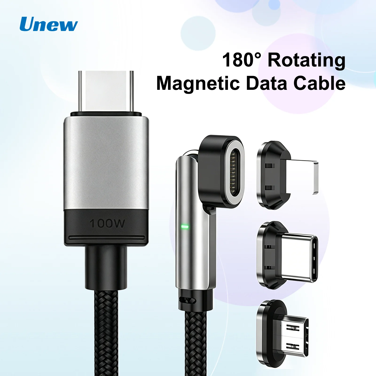 100W PD Magnetic Charging Cable 180° Rotatable Braided Fast Charging Cable Type C Lightning Micro USB 3 In 1 For iPhone Android