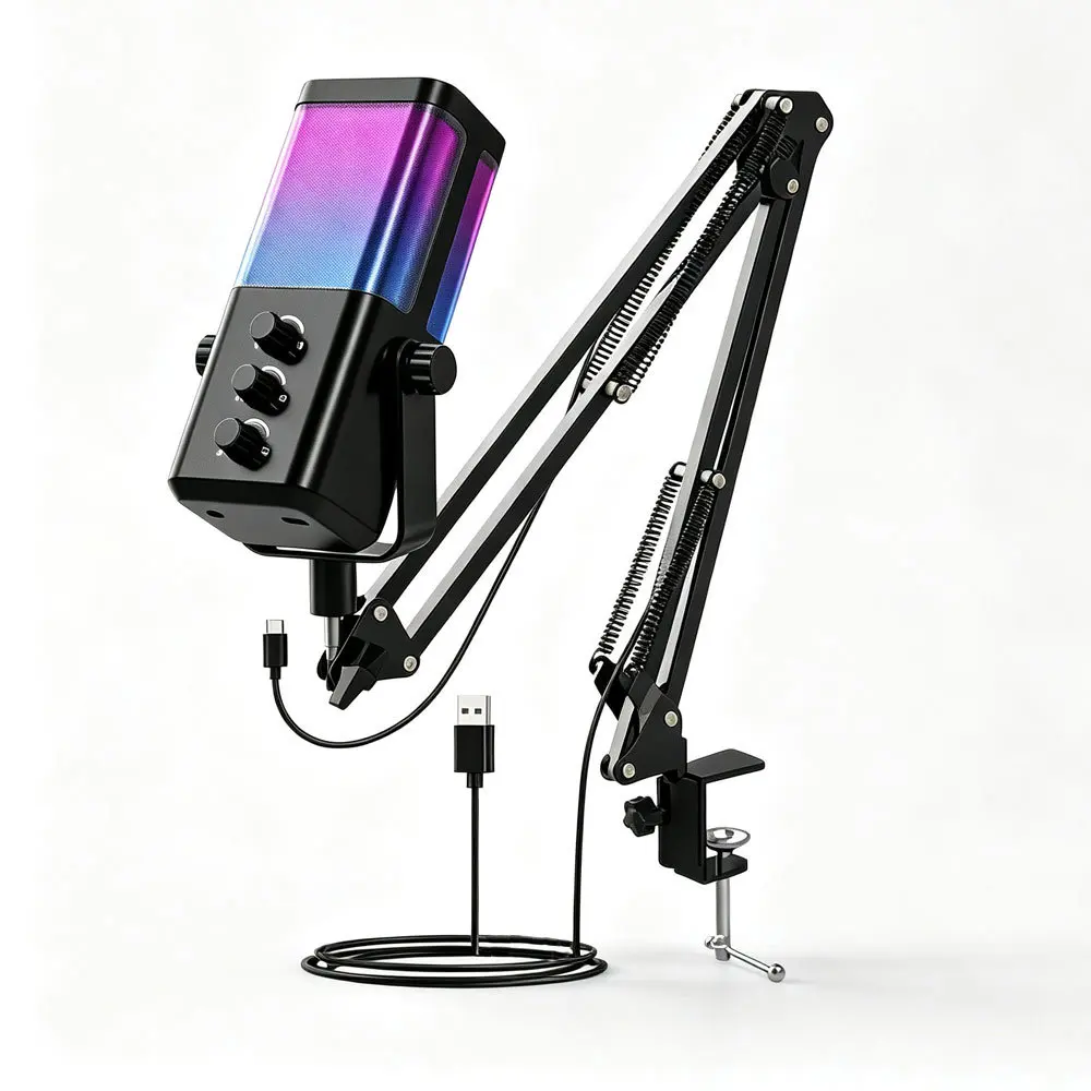 Plug and Play USB Condenser Mic RGB Ambient Lighting Desktop Cantilever Stand Gaming Voice Recording Microphone