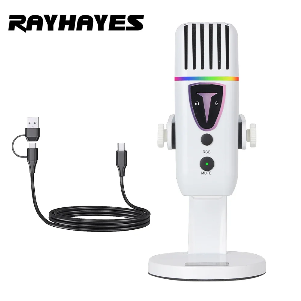 RAYHAYES JI-MV8S USB Gaming Microphone RGB LED Condenser Mic Cardioid Pickup Noise Reduction Touch Mute for PC Streaming