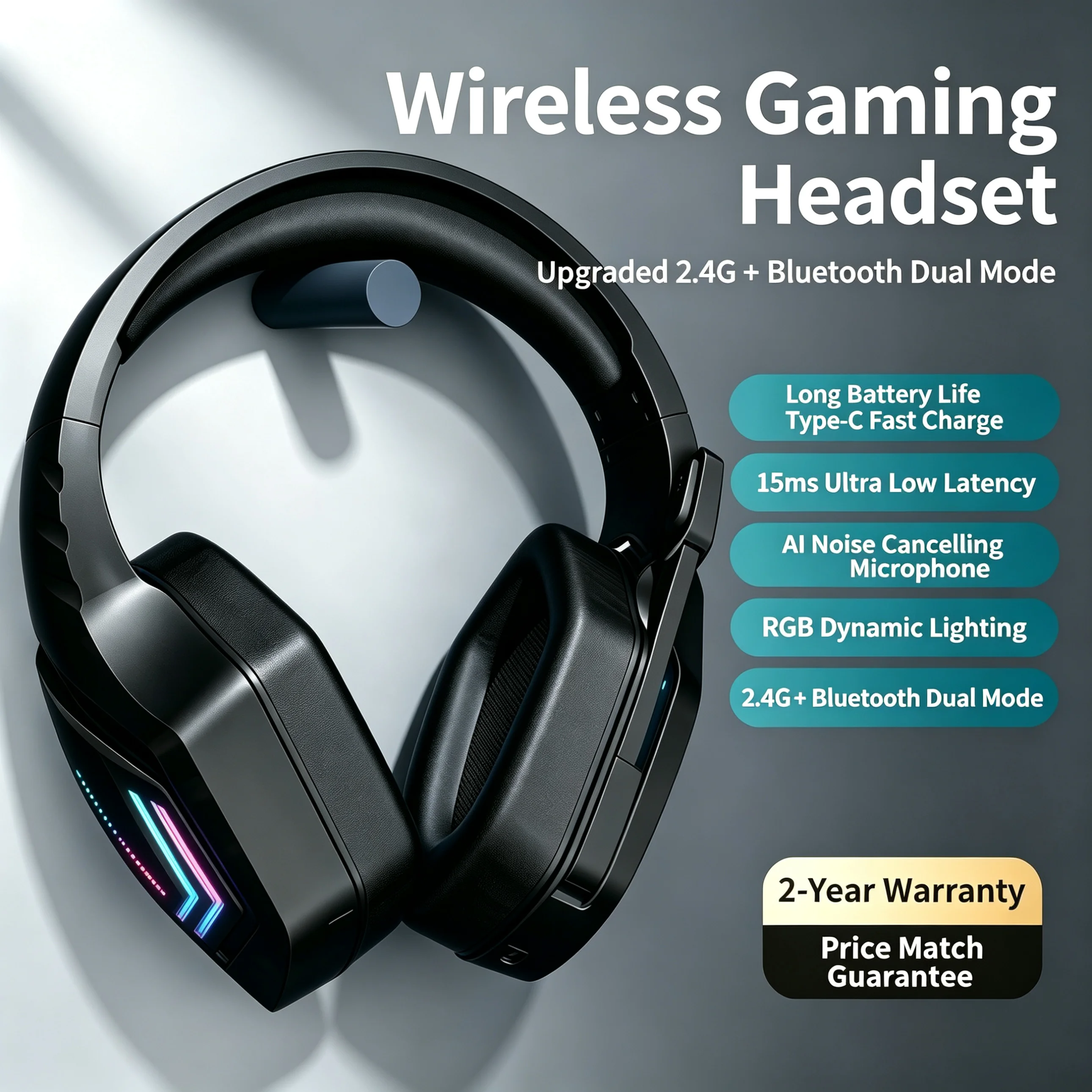Dual Mode 2.4G Wireless Bluetooth 5.3 Head Mounted Headphones HiFi Noise Cancelling LED Low Latency RGB Lighting Gaming Esports