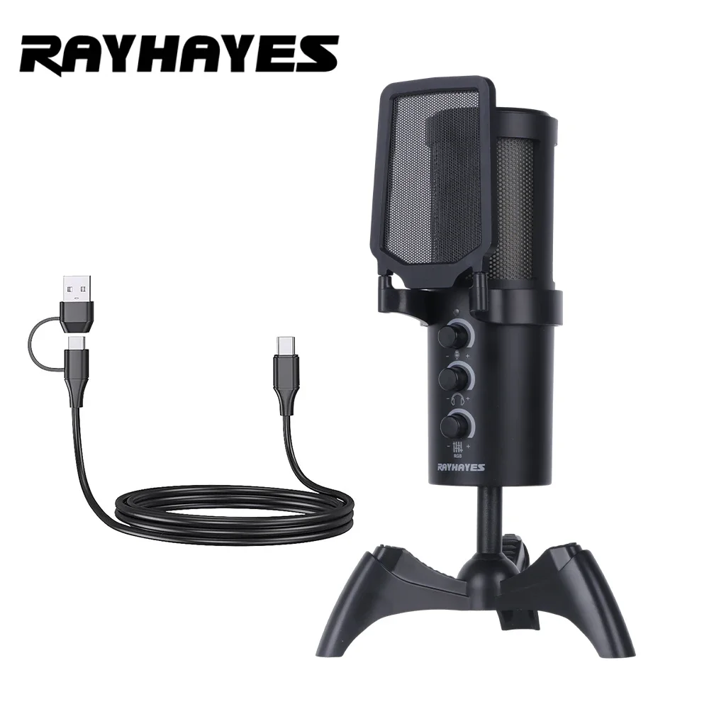 RAYHAYES JI-MV5 USB Condenser Microphone RGB Lighting Cardioid Pickup Touch Mute Mic for Gaming Streaming Recording