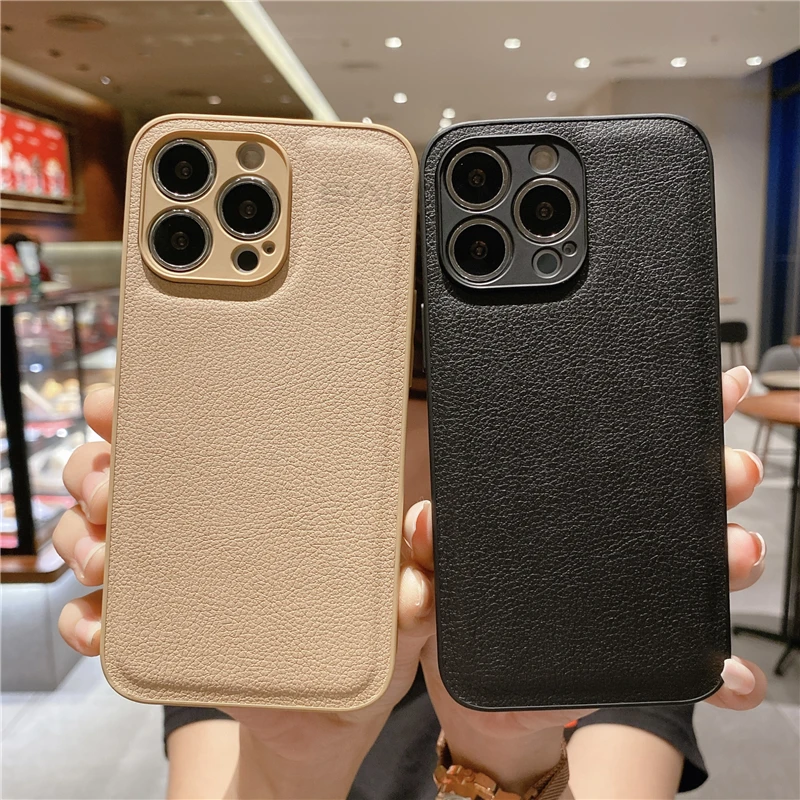 Leather Texture Shockproof Case For iPhone 15 14 13 12 11 Pro Max XR X XS 7 8 Plus SE2022 Mini Soft Full Camera Protection Cover