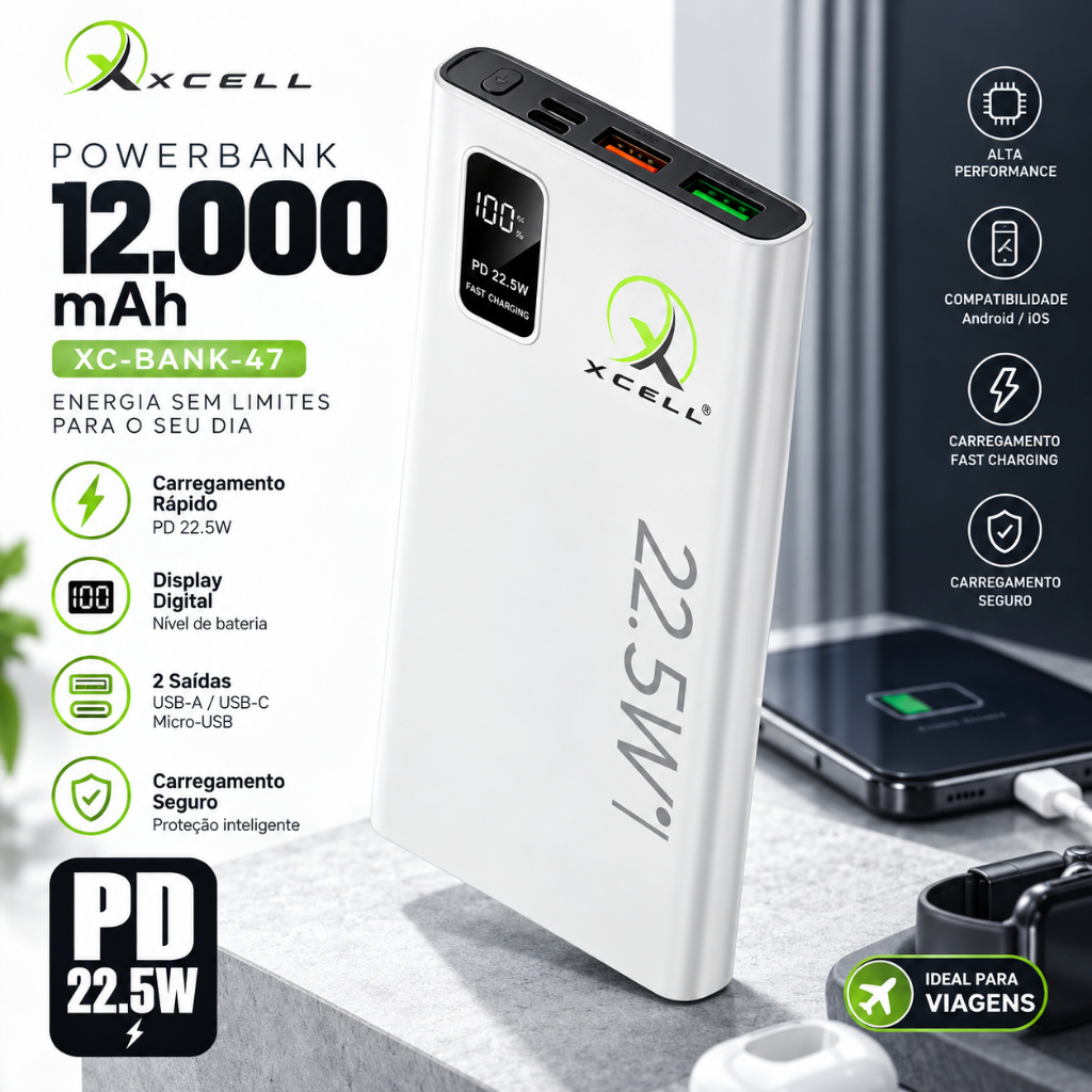 Power Bank X-Cell XC-BANK-47 12000mAh PD 22,5W Carregador Portátil Display Digital USB-A USB-C