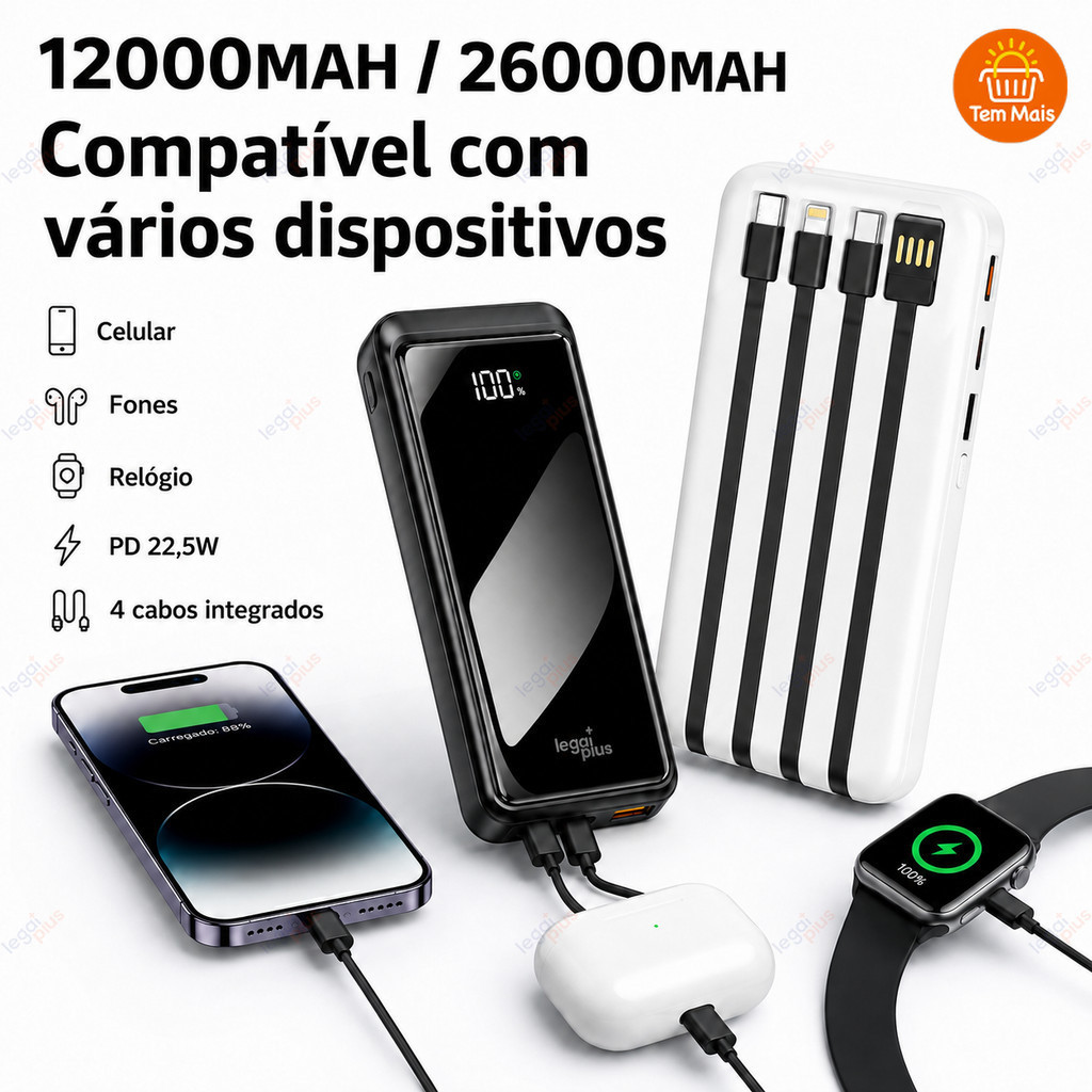 Bateria Portátil 12000mAh ou 26000mAh com Tela de Porcentagem, Cabos Embutidos, USB Type-C e Proteção Elétrica