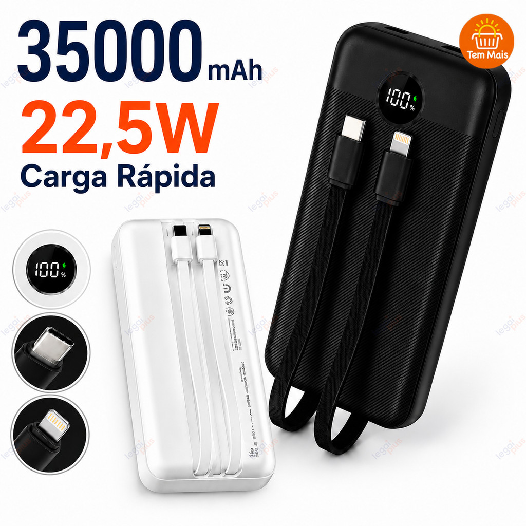 Power Bank 12000mAh/26000mah/35000mAh Carregador Portátil Bateria Externa com Cabo Integrado para Smartphone