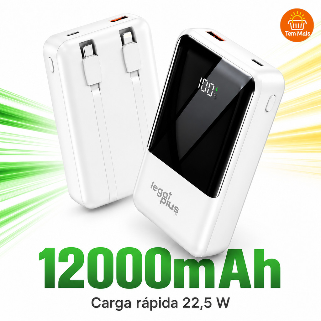 Power Bank 12000mAh com Display e Dois Cabos Integrados – Carregamento de 22.5W e Tensão 3.7V