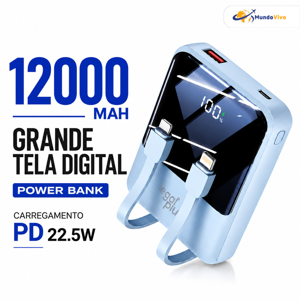 Carregador Portátil 12000mAh com Tela Digital e Cabos Embutidos – Potência 22.5W, Bivolt 3.7V – Para iPhone e Android
