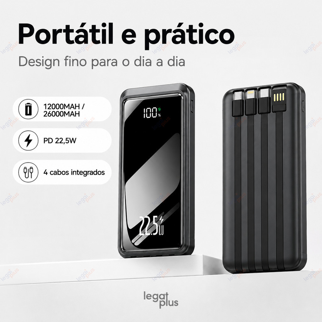 Power Bank 12000mAh ou 26000mAh com Visor LED, 4 Cabos Integrados, Grande Capacidade e Acabamento Brilhante Portátil