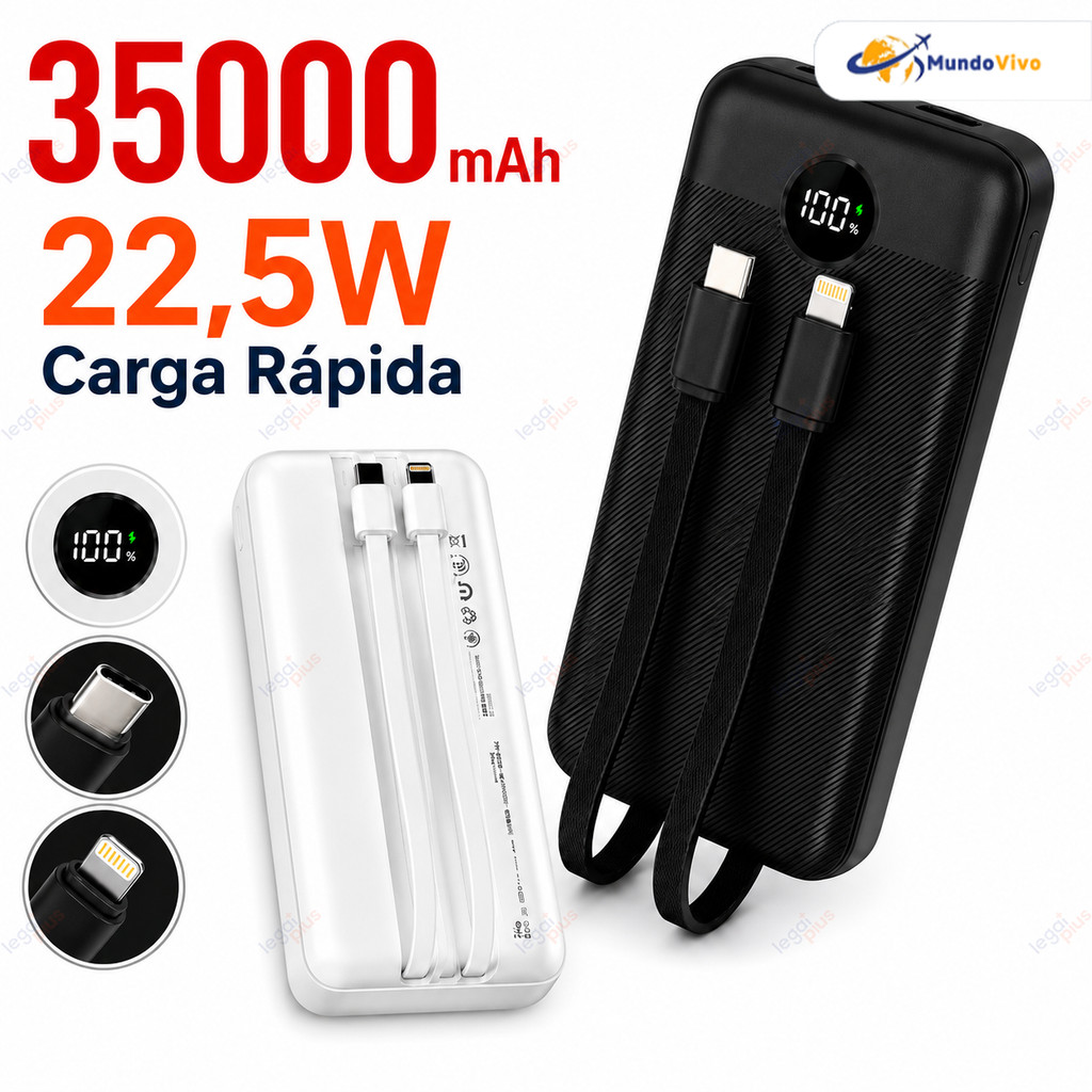Power Bank 12000mAh/26000mah/35000mAh Carregador Portátil Bateria Externa Com Cabo Embutido Para Smartphone