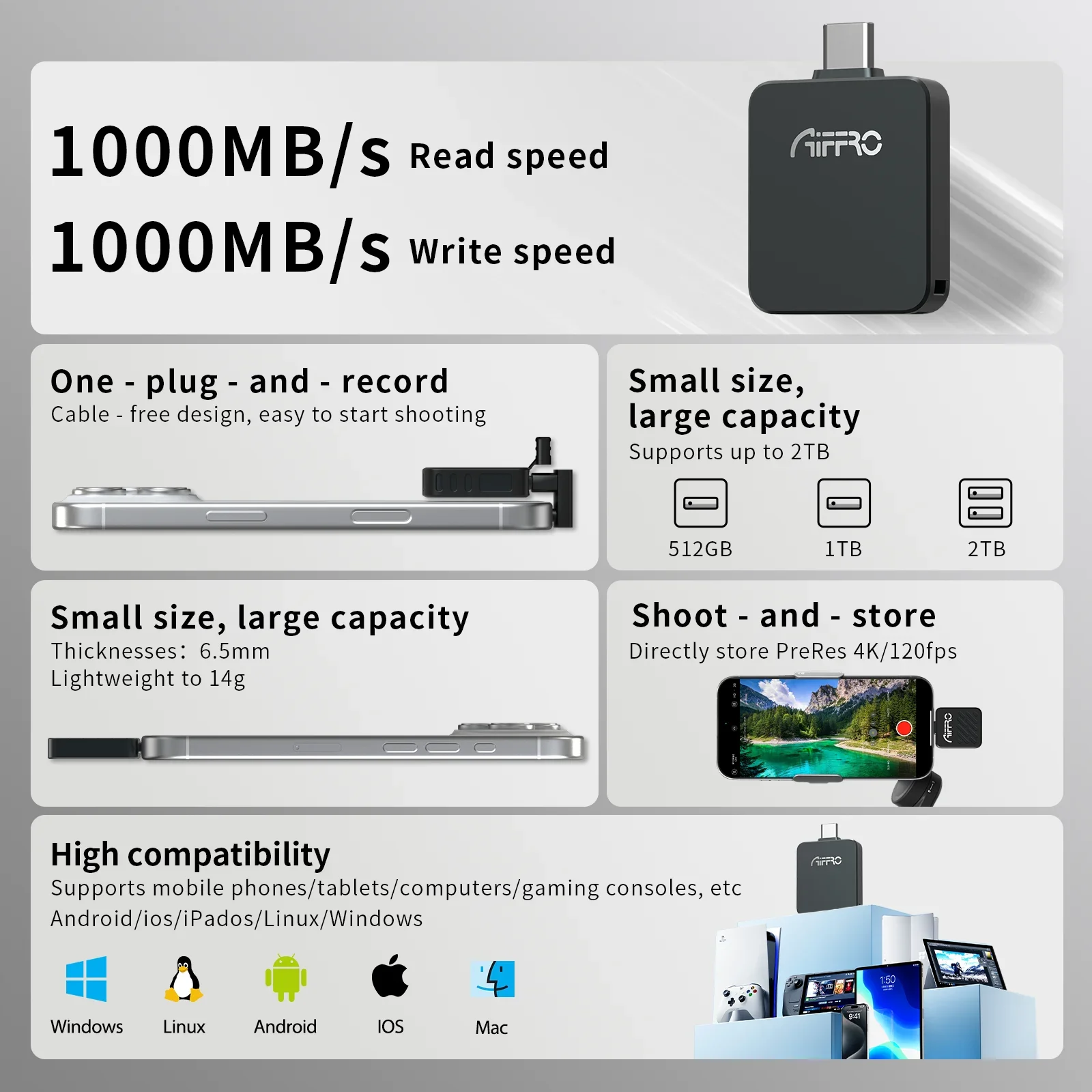 Aiffro P20 Mini Portable SSD 10Gbps Ultra Slim 14g External Storage 1000MB/s For iPhone Laptop Tablet 512GB 1TB 2TB