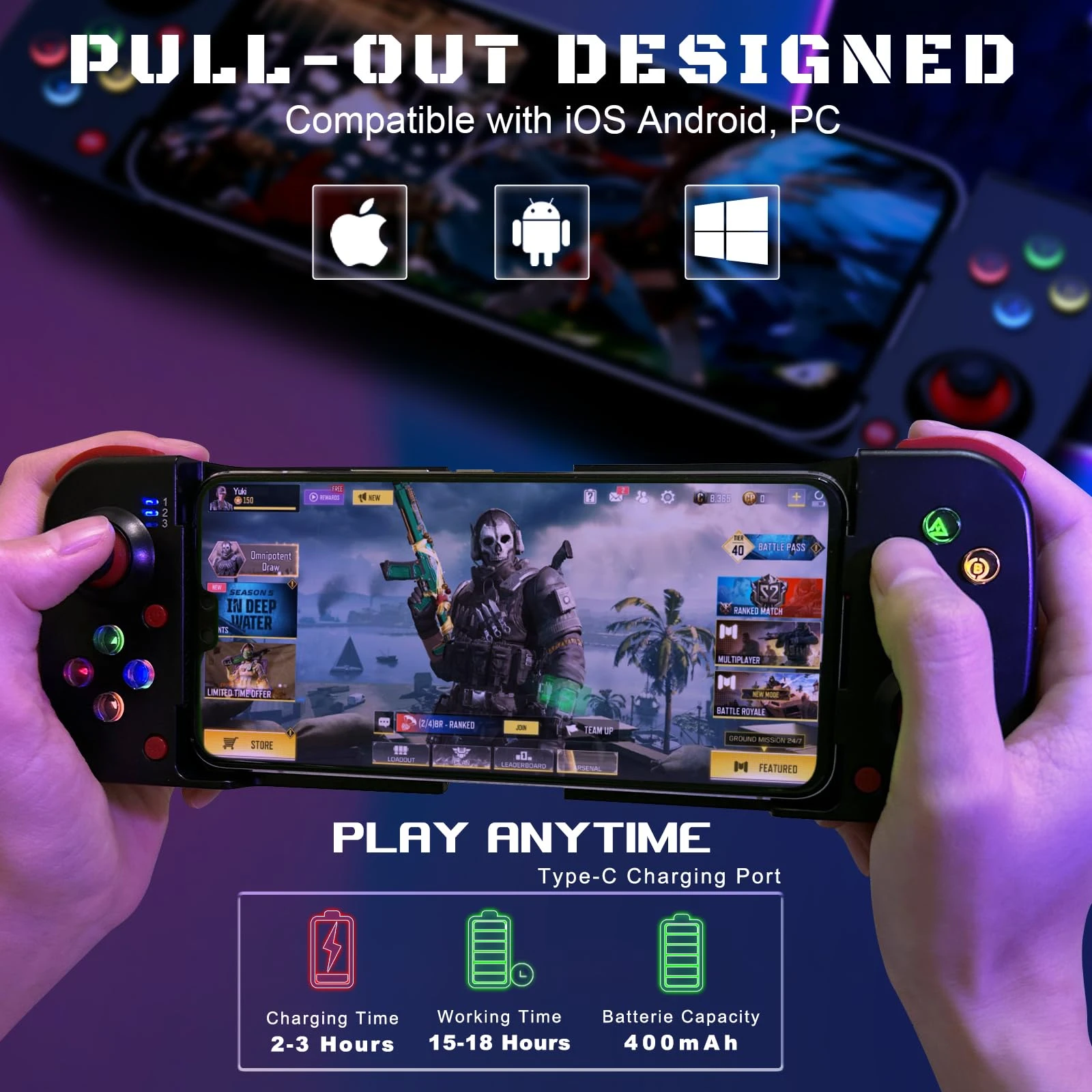 Mobile Game Controller Bluetooth Telescopic Gamepad for iPhone Android PC 16/15/14/13/12/11 iPad Samsung Galaxy TCL Tablet
