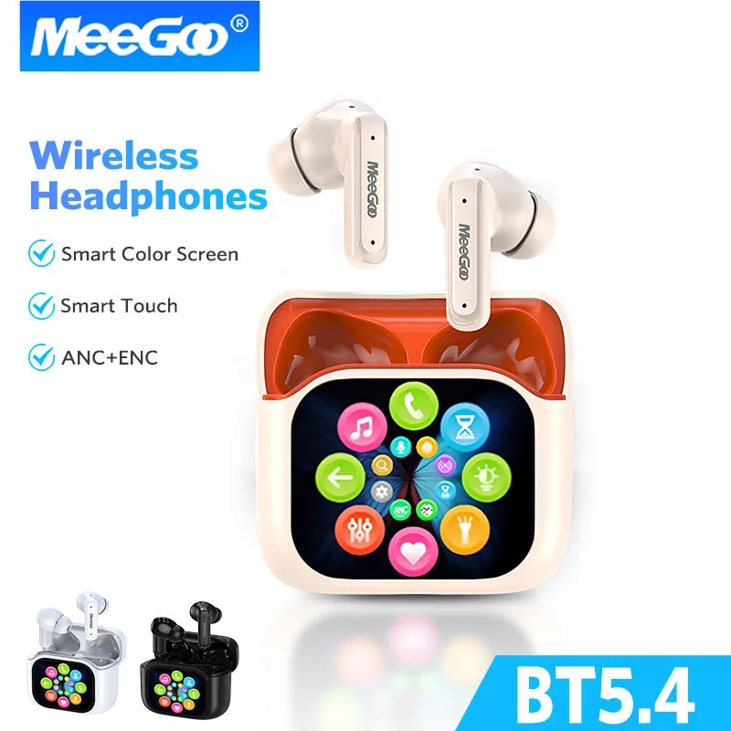 MeeGoo ANC/ENC Noise Cancelling Bluetooth Wireless Headset Touch Screen Smart Color Screen Charging Case IPX5 Touch Waterproof