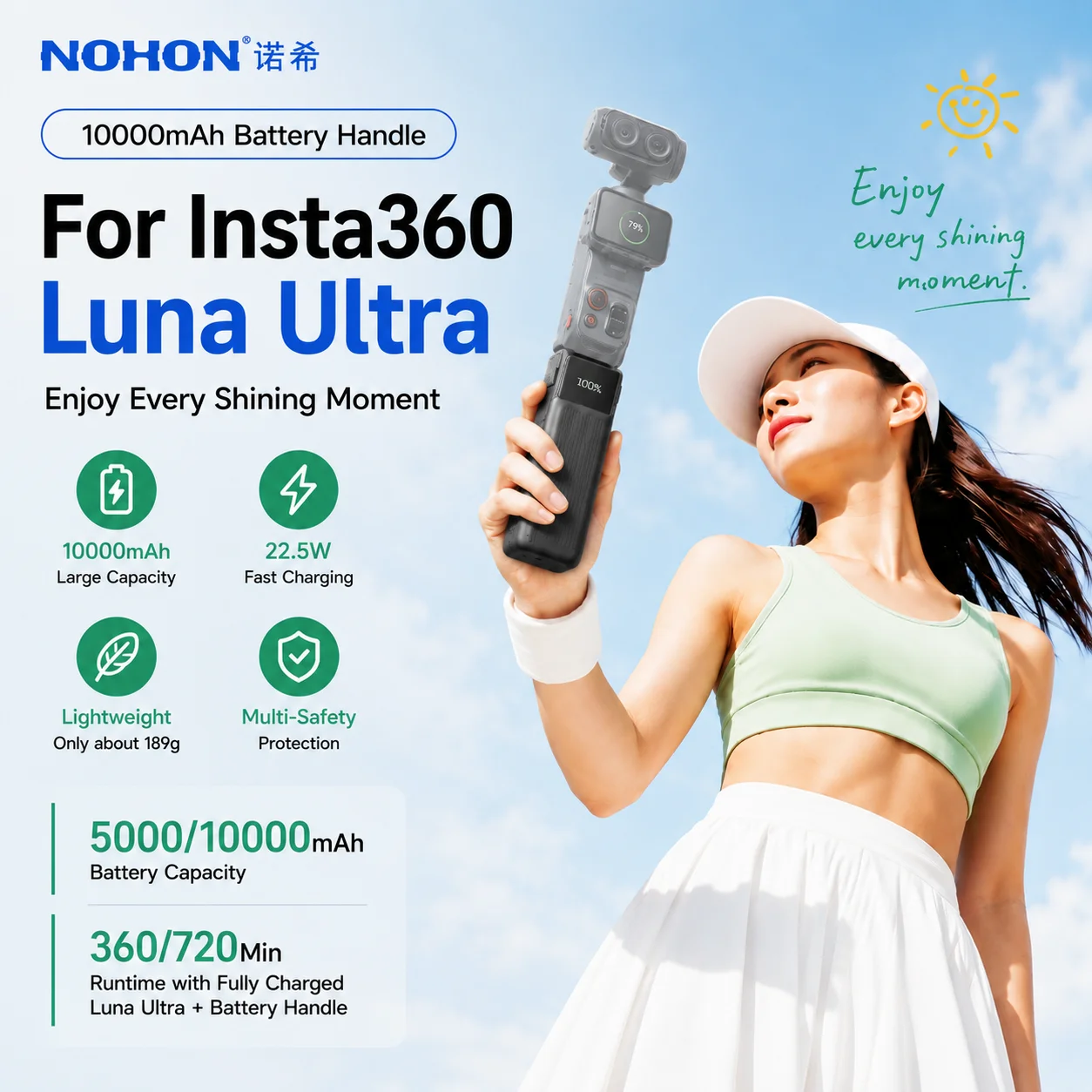 Nohon 5000/10000mAh for Insta360 Luna Ultra Battery Handle 22.5W Type-C Fast Charging With Tripod for Insta Battery Handle
