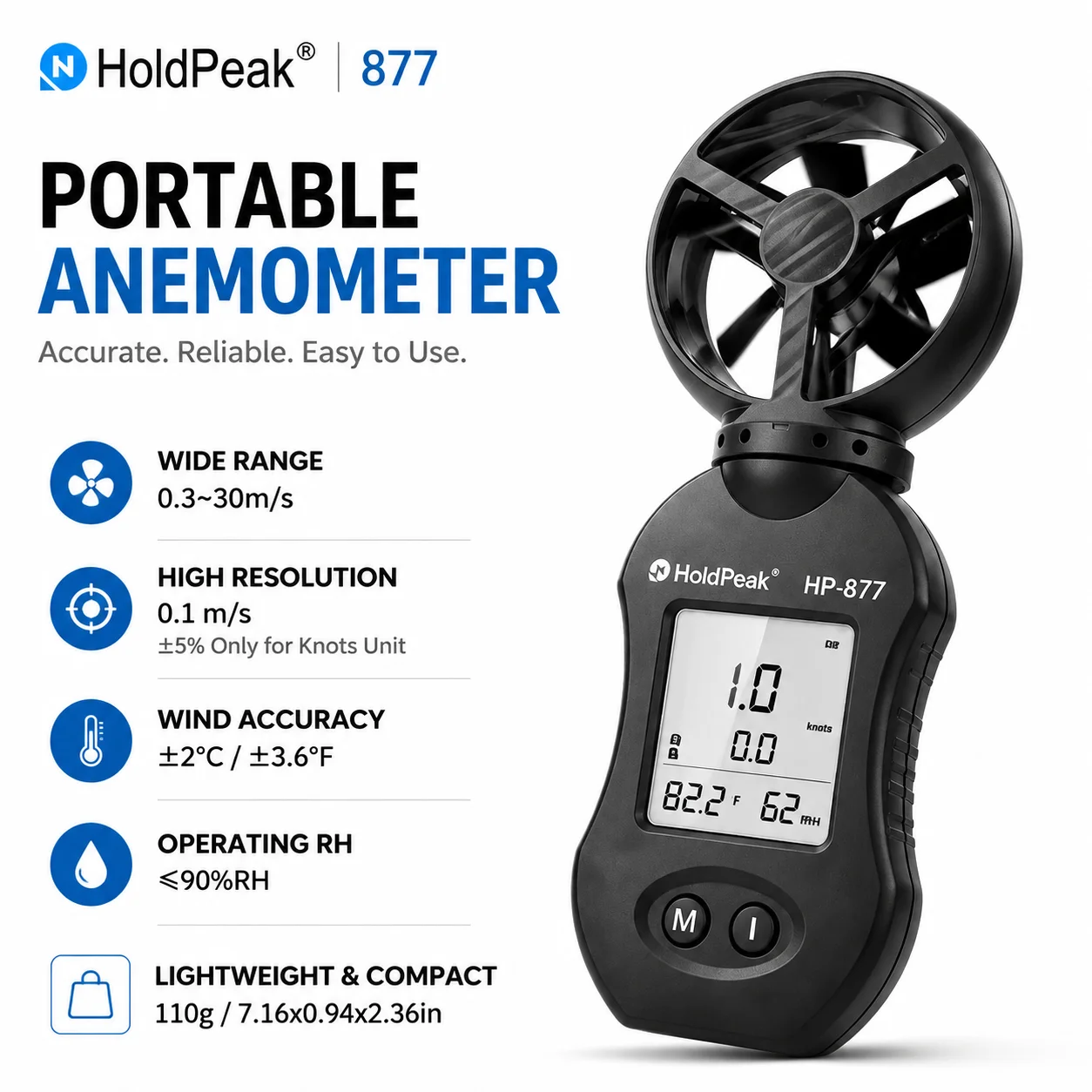 HoldPeak Cup Anemometer Handheld Digital Wind Speed Meter 0.3-30m/s Temp Humidity ±5% HVAC Sailing Drone 1/4