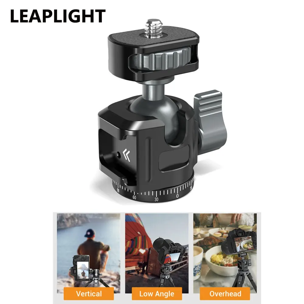 LEAPLIGHT Metal Mini Ball Head 360 Rotation Panoramic Tripod Head + Cold Shoe Mount Adapter for DSLR Camera Tripod Phone Mount