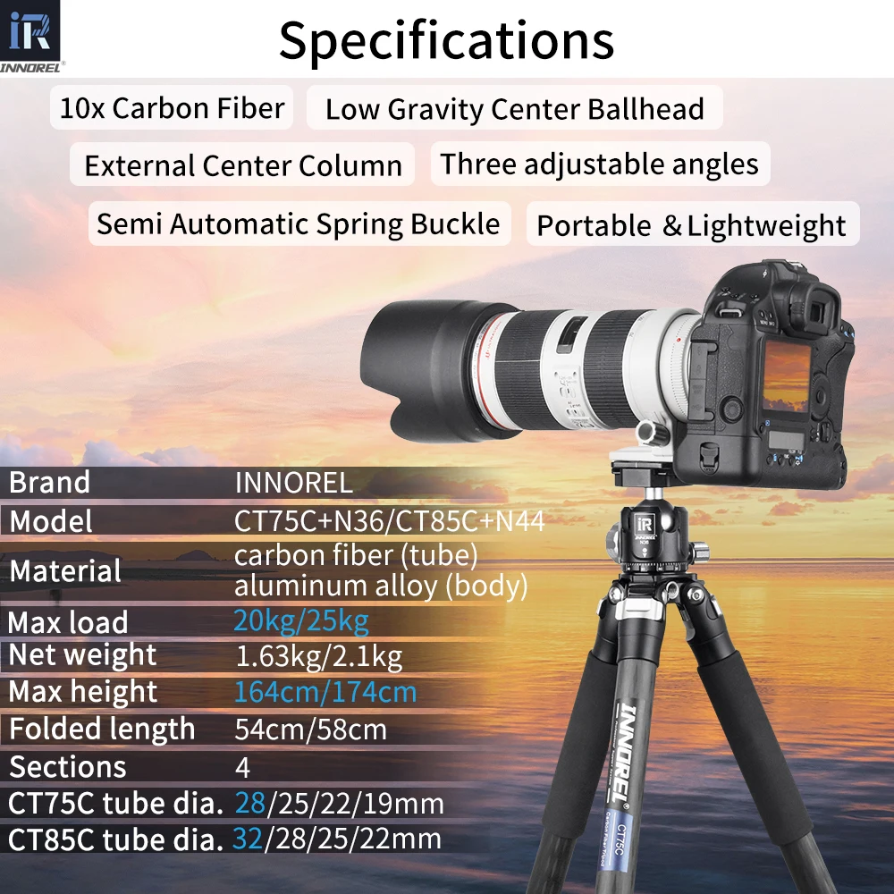 INNOREL CT85C Professional CarbonFiber Tripod for DSLRCamera HeavyDuty Stand Low Gravity Center Ballhead add Short Center Column