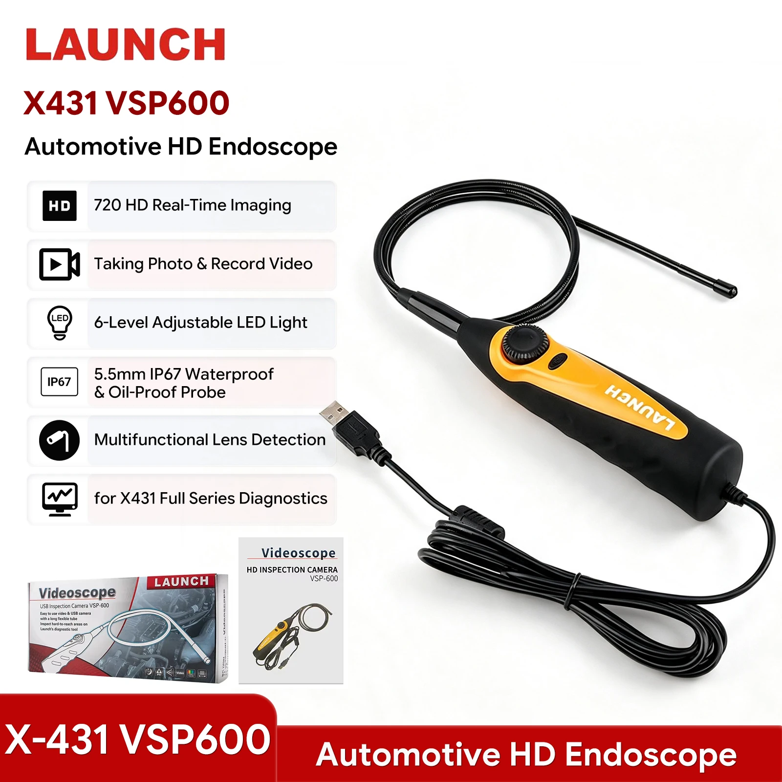 LAUNCH VSP600 Car Borescope Camera IP67 Oil/Waterproof Vehicle Inspection Endoscope 720P HD Video Scope LED Light Repair Tools