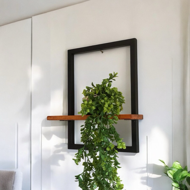 Prateleira Quadro Nicho Design Industrial em ferro e tábua quadrada de 1 madeira