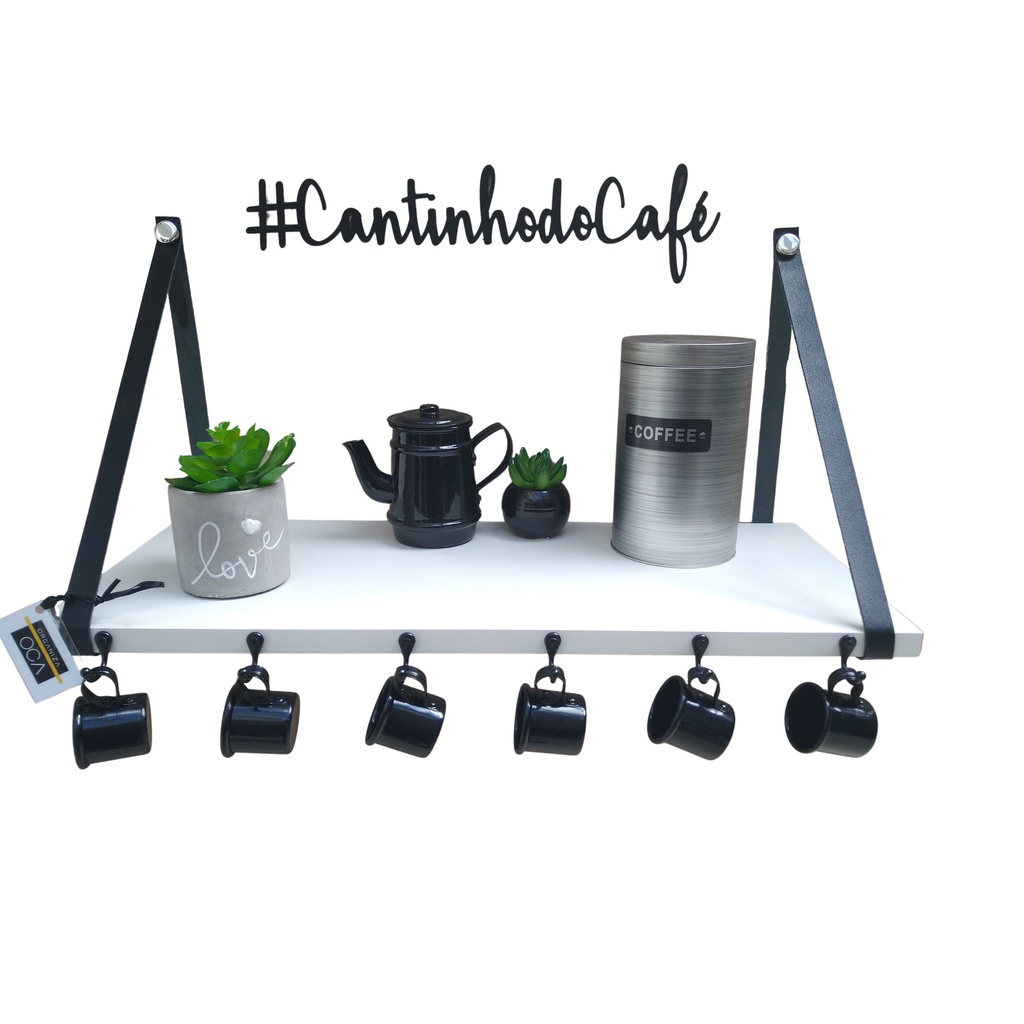 Prateleira p/ xicaras ou cantinho do café ( ferragem e couro preto) design estilo industrial black  cozinha decoração