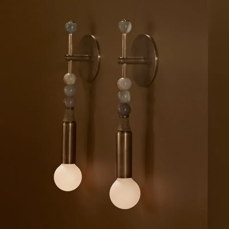 Nordic Vintage Home Decorative Design Interior Living Room Bedroom Hotel Bedside Light Solid Brass Stone Glass Shade Wall