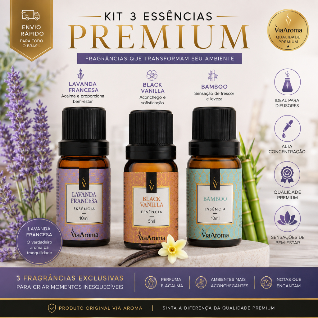 Kit com 3 Essencias Via Aroma Lavanda Francesa, Black Vanilla e Bamboo