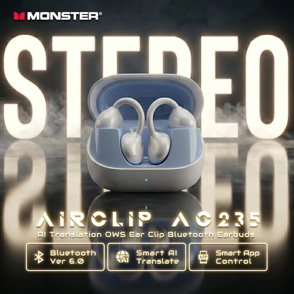 Monster AC235 Ai Translator Earclip Earphones Hifi Stereo Sound Bluetooth 6.0 Headphone ENC Clear Calls TWS Wireless Earbuds
