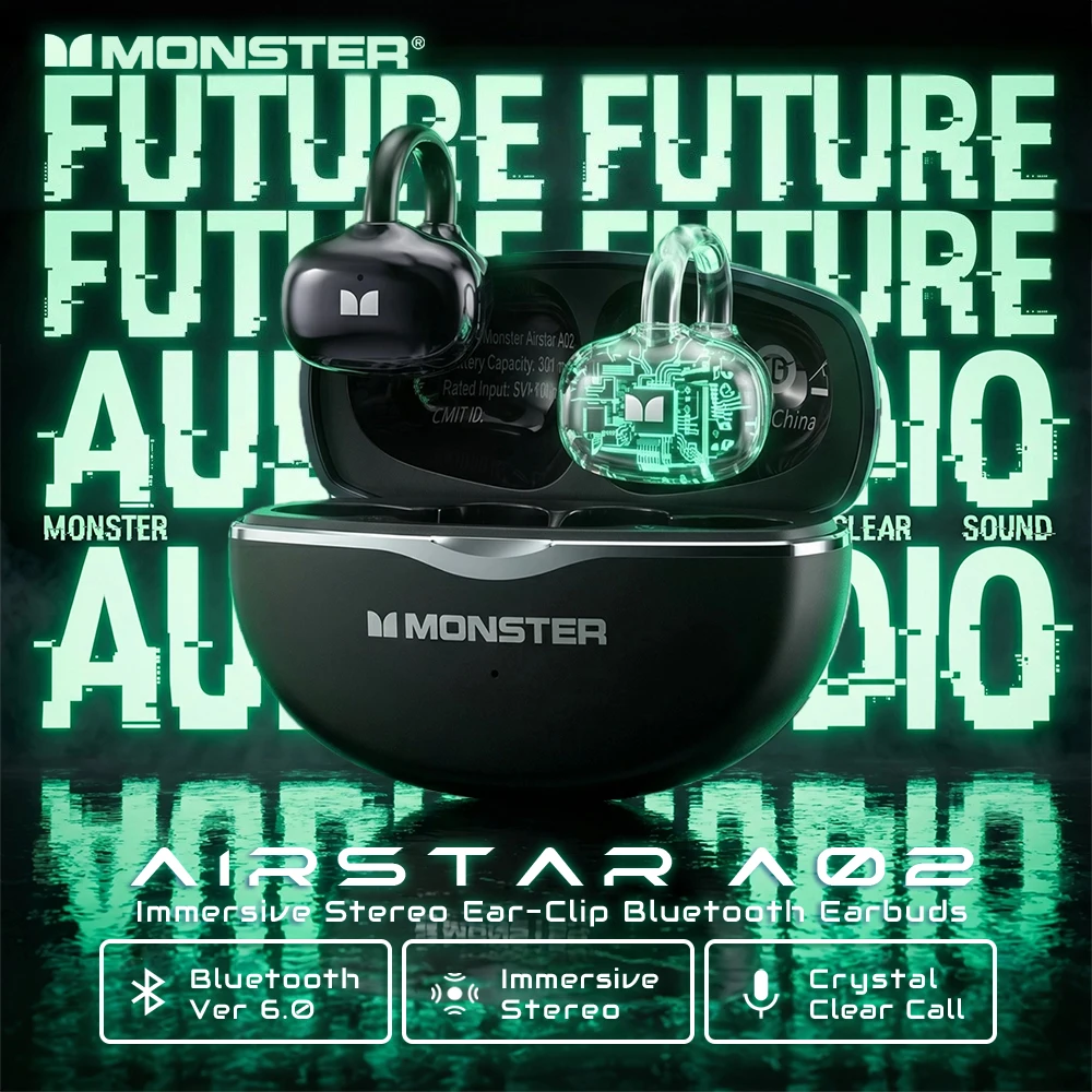 Monster AirStar A02 OWS Ear Clip Headphones 360° Immersive Stereo Bluetooth 6.0 Wireless Earphone Clear Call TWS Wireless Earbud